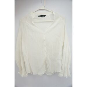GC ZARA White Sheer Button Up Blouse Long Sleeve Lace Trim‎ Size S
